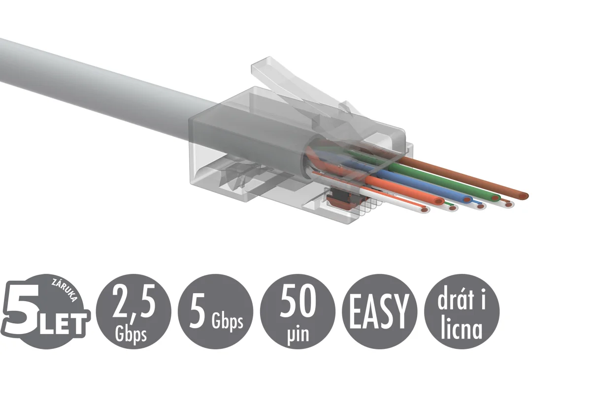 Univerzální EASY konektor RJ45 CAT6 UTP 8p8c na drát i licnu SXRJ45-6-UTP-EASY 100ks