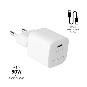 FIXED nabíječka, USB-C,USB-C/USB-C kabel,1m, 30W