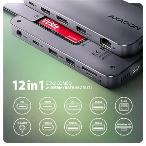 AXAGON HMC-12GM2, USB 10Gbps hub, 3x USB-A, USB-C,  HDMI, DP, RJ-45 GLAN, M.2, SD/mSD, audio, PD - obrázek 9