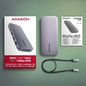 AXAGON HMC-12GM2, USB 10Gbps hub, 3x USB-A, USB-C,  HDMI, DP, RJ-45 GLAN, M.2, SD/mSD, audio, PD - obrázek 10