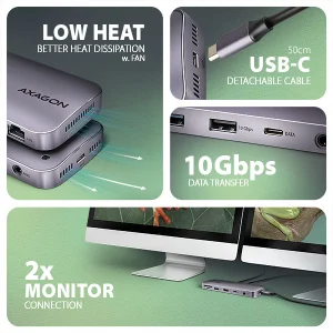 AXAGON HMC-12GM2, USB 10Gbps hub, 3x USB-A, USB-C,  HDMI, DP, RJ-45 GLAN, M.2, SD/mSD, audio, PD - obrázek 4