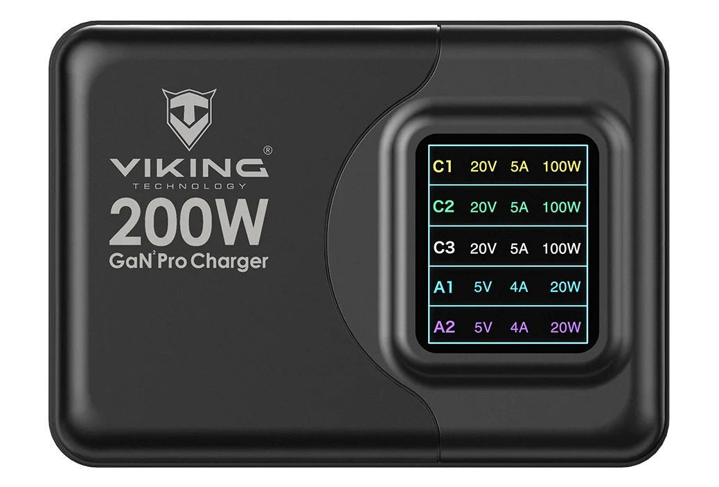 Viking USB GaN charger 200W PD PRO/síťový adaptér/Output:3xUSB-C,2xUSB-A/Rychlo nabíjení/