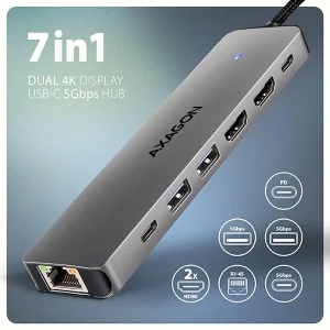 AXAGON HMC-7HX2 USB hub, 2x HDMI 4K, RJ-45, PD 100W - obrázek 2