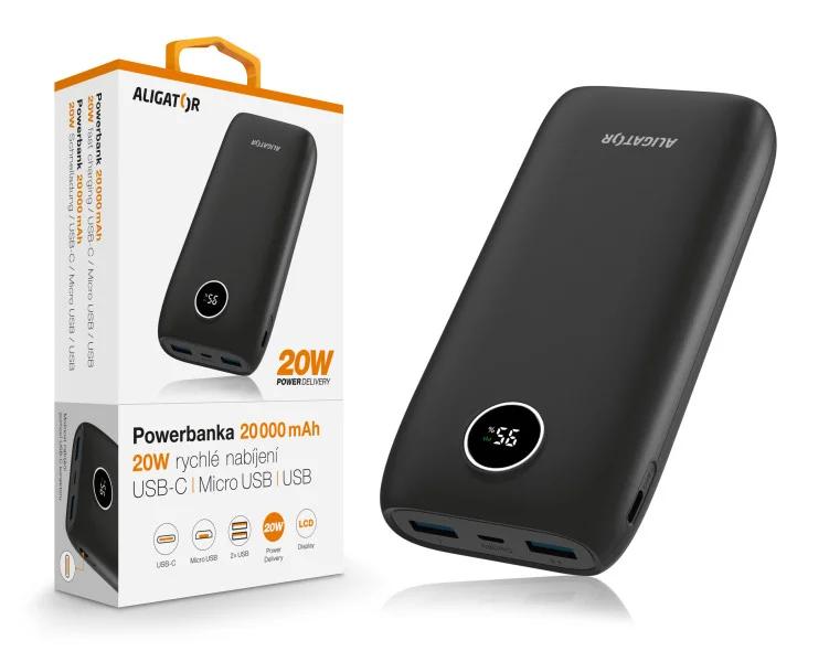 ALIGATOR Powerbanka Power Delivery 20W, rychlé nabíjení, 20 000 mAh, černá