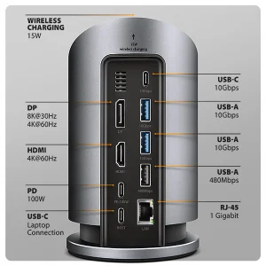 AXAGON HMC-WL9 USB hub s Qi, 10Gbps, HDMI, DP 4K, RJ-45, PD 100W - obrázek 9