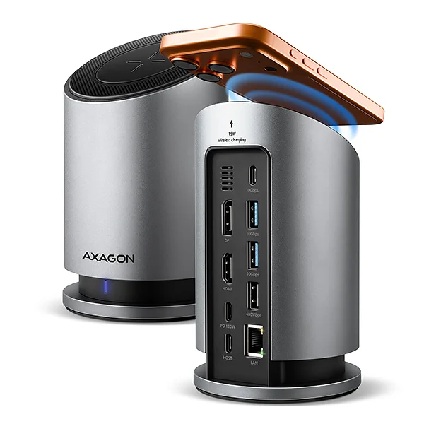 AXAGON HMC-WL9 USB hub s Qi, 10Gbps, HDMI, DP 4K, RJ-45, PD 100W