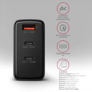 AXAGON ACU-DPQ100, GaN nabíječka do sítě 100W, 3x port (USB-A + dual USB-C), PD3.0/PPS/QC4+/Apple - obrázek 4