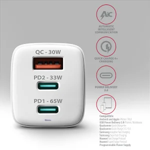 AXAGON ACU-DPQ65W, GaN nabíječka do sítě 65W, 3x port (USB-A + dual USB-C), PD3.0/QC4+/PPS/Apple - obrázek 4