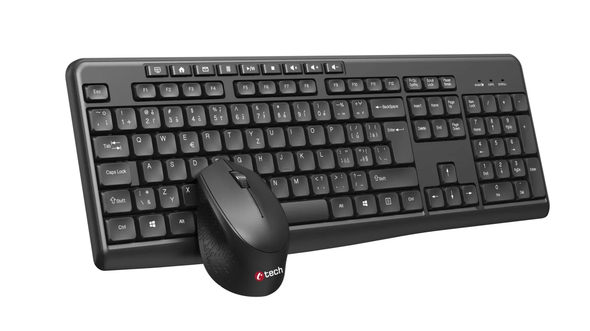 Klávesnice C-TECH WLKMC-04, bezdrátový combo set s myší, černý, USB, CZ/SK