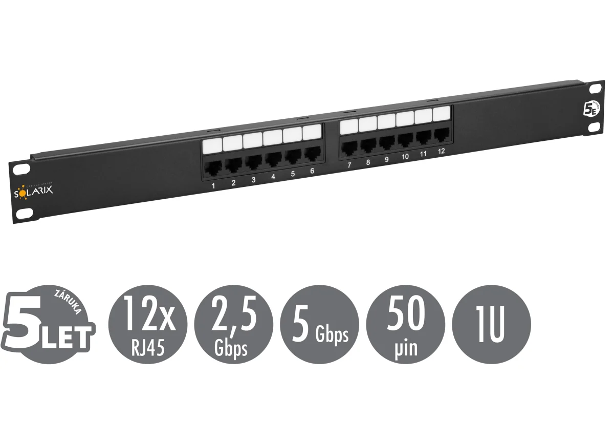 19" patch panel Solarix 12 x RJ45 CAT5E UTP 150 MHz černý 1U SX12-5E-UTP-BK