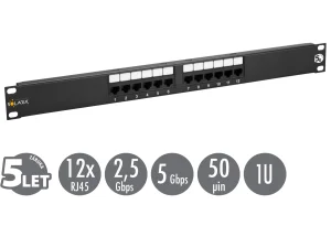 19" patch panel Solarix 12 x RJ45 CAT5E UTP 150 MHz černý 1U SX12-5E-UTP-BK