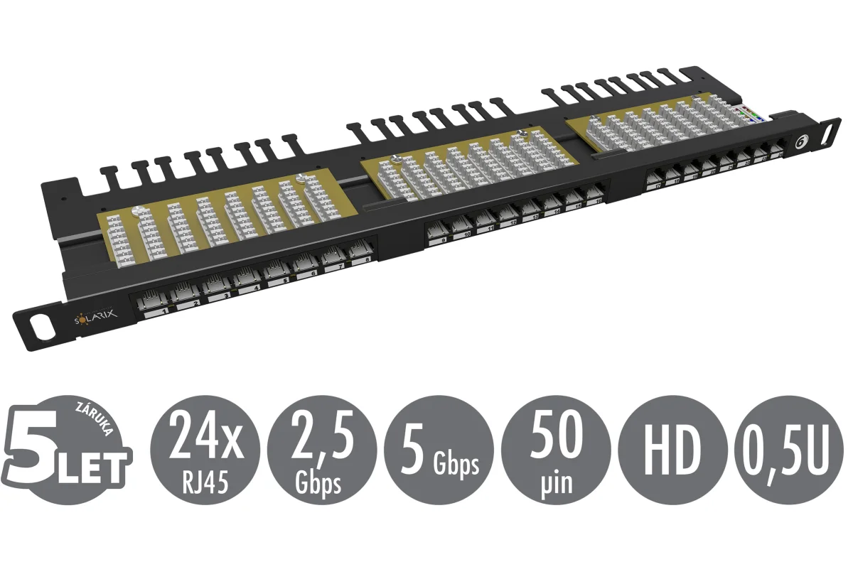 19" patch panel Solarix 24xRJ45 CAT6 UTP s vyvazovací lištou černý 0,5U SX24HD-6-UTP-BK