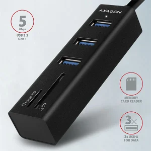 AXAGON HMA-CR3A, USB 3.2 Gen 1 hub, porty 3x USB-A + čtečka karet SD/microSD, kovový, kabel USB-A 20 - obrázek 2