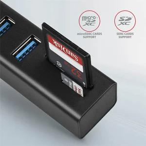 AXAGON HMA-CR3A, USB 3.2 Gen 1 hub, porty 3x USB-A + čtečka karet SD/microSD, kovový, kabel USB-A 20 - obrázek 3