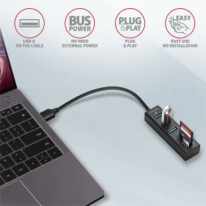 AXAGON HMA-CR3A, USB 3.2 Gen 1 hub, porty 3x USB-A + čtečka karet SD/microSD, kovový, kabel USB-A 20 - obrázek 4