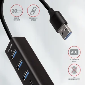 AXAGON HMA-CR3A, USB 3.2 Gen 1 hub, porty 3x USB-A + čtečka karet SD/microSD, kovový, kabel USB-A 20 - obrázek 5