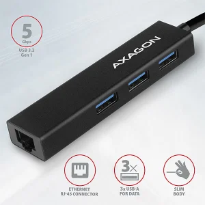 AXAGON HMA-GL3A, USB 3.2 Gen 1 hub, porty 3x USB-A + Gigabit Ethernet, kovový, kabel USB-A 20cm - obrázek 2