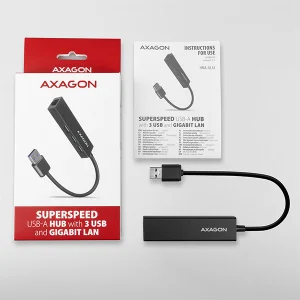 AXAGON HMA-GL3A, USB 3.2 Gen 1 hub, porty 3x USB-A + Gigabit Ethernet, kovový, kabel USB-A 20cm - obrázek 5
