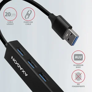 AXAGON HMA-GL3A, USB 3.2 Gen 1 hub, porty 3x USB-A + Gigabit Ethernet, kovový, kabel USB-A 20cm - obrázek 6