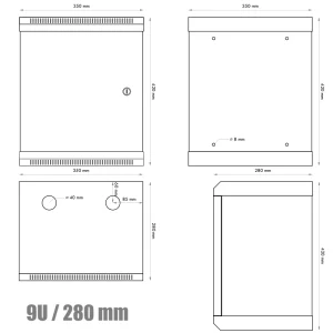10" rack jednodílný 9U/280 DATACOM šedý plech.dv. - obrázek 3