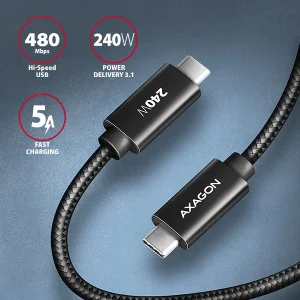 AXAGON BUCM2-CM20AB, CHARGE kabel USB-C <-> USB-C, 2m, Hi-Speed USB, PD 240W 5A, ALU, oplet, černý - obrázek 2
