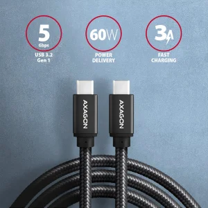 AXAGON BUCM3-CM15AB, SPEED kabel USB-C <-> USB-C, 1.5m, USB 3.2 Gen 1, PD 60W 3A, ALU, oplet, černý - obrázek 6