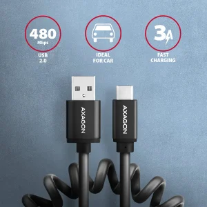 AXAGON BUCM-AM10TB, TWISTER kabel USB-C <-> USB-A, 0.6m, USB 2.0, 3A, ALU, tpe, černý - obrázek 7