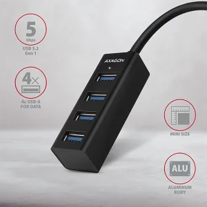 AXAGON HUE-M1A, 4x USB 3.2 Gen 1 MINI hub, kovový, kabel USB-A 20cm - obrázek 6
