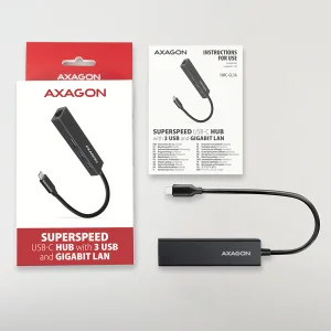 AXAGON HMC-GL3A, USB 3.2 Gen 1 hub, porty 3x USB-A + Gigabit Ethernet, kovový, kabel USB-C 20cm - obrázek 2