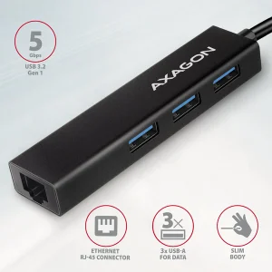AXAGON HMC-GL3A, USB 3.2 Gen 1 hub, porty 3x USB-A + Gigabit Ethernet, kovový, kabel USB-C 20cm - obrázek 7