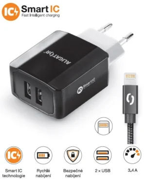 Chytrá síťová nabíječka ALIGATOR 3.4A, 2xUSB, smart IC, černá, kabel pro iPhone/iPad 2A - obrázek 6