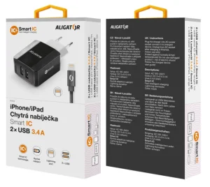 Chytrá síťová nabíječka ALIGATOR 3.4A, 2xUSB, smart IC, černá, kabel pro iPhone/iPad 2A - obrázek 7