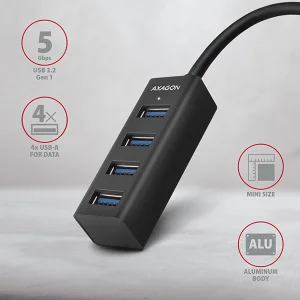 AXAGON HUE-M1AL, 4x USB 3.2 Gen 1 MINI hub, kovový, kabel USB-A 1.2m - obrázek 2