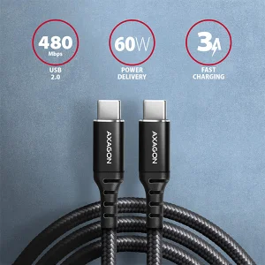 AXAGON BUCM-CM20AB, HQ kabel USB-C <-> USB-C, 2m, USB 2.0, PD 60W 3A, ALU, oplet, černý - obrázek 4