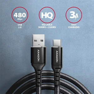 AXAGON BUCM-AM10AB, HQ kabel USB-C <-> USB-A, 1m, USB 2.0, 3A, ALU, oplet, černý - obrázek 2