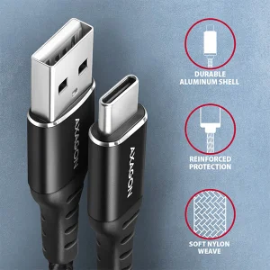 AXAGON BUCM-AM10AB, HQ kabel USB-C <-> USB-A, 1m, USB 2.0, 3A, ALU, oplet, černý - obrázek 7