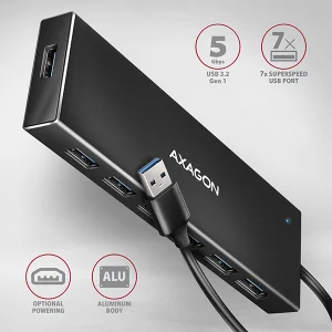 AXAGON HUE-F7A, 7x USB 3.2 Gen 1 ALU FLAT CHARGING hub, micro USB napájecí konektor, kabel USB-A 1m - obrázek 5