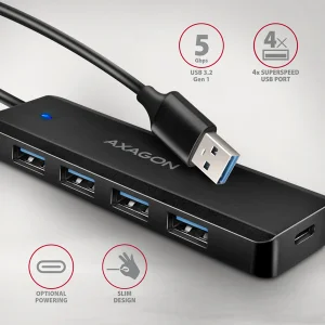 AXAGON HUE-C1A, 4x USB 5Gbps TRAVEL hub, USB-C napájecí konektor, kabel USB-A 19cm - obrázek 2
