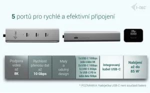 i-tec USB-C Charging Metal HUB 5port with USB-C video 8K, Power Delivery 85W - obrázek 9