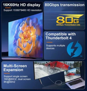 PremiumCord USB4™ Version2.0 80Gbps 16K@60Hz 240W Thunderbolt 3 a 4 kabel 1,2m - obrázek 3