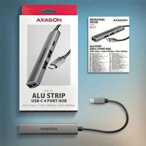 AXAGON HUE-STC, 4x USB ALU STRIP hub, 1x USB-A 5Gbps, 2x USB-A & 1x USB-C 480Mbps, kabel USB-C 12cm - obrázek 3