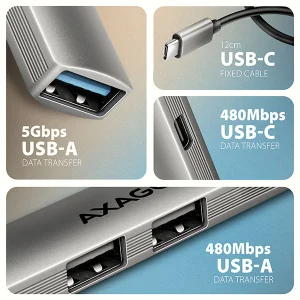 AXAGON HUE-STC, 4x USB ALU STRIP hub, 1x USB-A 5Gbps, 2x USB-A & 1x USB-C 480Mbps, kabel USB-C 12cm - obrázek 6