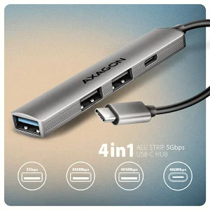 AXAGON HUE-STC, 4x USB ALU STRIP hub, 1x USB-A 5Gbps, 2x USB-A & 1x USB-C 480Mbps, kabel USB-C 12cm - obrázek 7