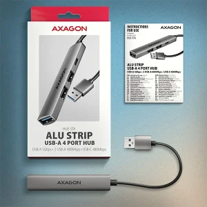 AXAGON HUE-STA, 4x USB ALU STRIP hub, 1x USB-A 5Gbps, 2x USB-A & 1x USB-C 480Mbps, kabel USB-A 12cm - obrázek 3