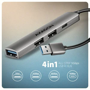 AXAGON HUE-STA, 4x USB ALU STRIP hub, 1x USB-A 5Gbps, 2x USB-A & 1x USB-C 480Mbps, kabel USB-A 12cm - obrázek 6
