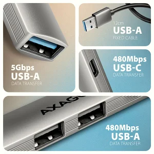 AXAGON HUE-STA, 4x USB ALU STRIP hub, 1x USB-A 5Gbps, 2x USB-A & 1x USB-C 480Mbps, kabel USB-A 12cm - obrázek 7