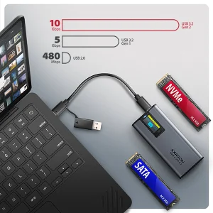 AXAGON EEM2-SD2 USB-C 10Gbps - M.2 NVMe & SATA SSD kovový DISPLAY box, bezšroubkový - obrázek 9