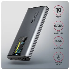 AXAGON EEM2-SD2 USB-C 10Gbps - M.2 NVMe & SATA SSD kovový DISPLAY box, bezšroubkový - obrázek 2