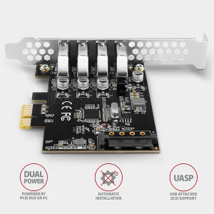 AXAGON PCEU-43RS, PCIe řadič, 4x USB 3.2 Gen 1 port, 5 Gbps, napájení z PCIe nebo SATA, SP & LP - obrázek 4