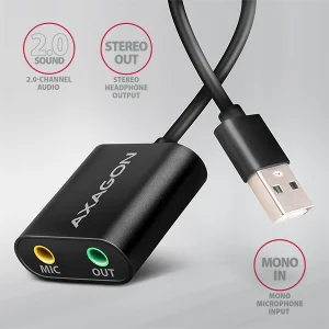 AXAGON ADA-12, USB 2.0 - externí zvuková karta, 48kHz/16-bit stereo, kovová, kabel USB-A 15 cm - obrázek 2